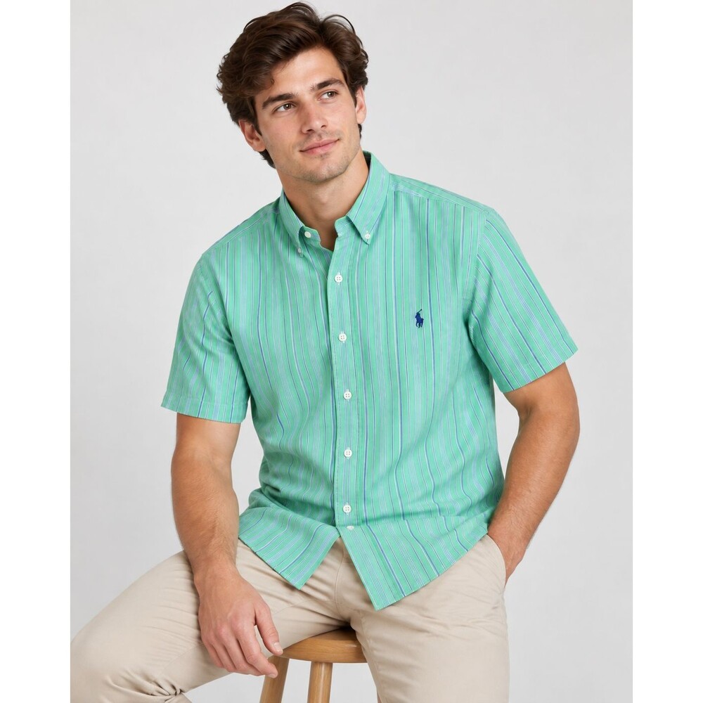 Ralph Lauren Men's Green Stripe Short Sleeve Button Down Shirt M Preppy Classic